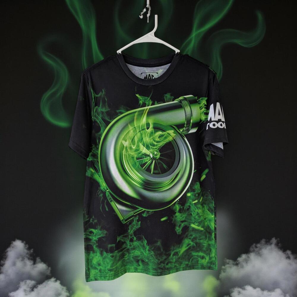 Mac Tools Car Turbo Black AOP All over Print T-Shirt with Green Smoke Graphic